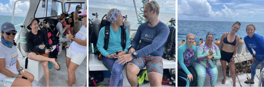 A group of Coral Restoration Foundation staff and volunteers sitting on a dive boat, smiling and talking as they prepare for a day of coral restoration work in open ocean conditions.