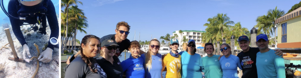 A diver carefully securing a coral fragment to the reef during an outplanting dive; a group of Coral Restoration Foundation staff and volunteers smiling together at a marina after a day on the water