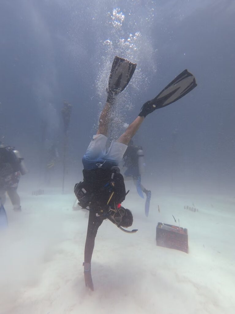 A scuba diver performs an underwater handstand on the sandy seafloor, surrounded by coral nursery trees and other divers in the background.