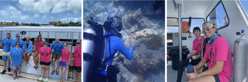 Panel one- A group of volunteers wearing bright blue and pink Coralpalooza T-shirts stand and sit along the edge of a dive boat docked at a marina, smiling at the camera under a sunny sky.
Panel 2- A scuba diver in a blue rash guard works underwater, carefully placing small coral colonies onto a rocky reef as air bubbles rise toward the surface.
Panel 3- Two volunteers wearing hot pink Coralpalooza shirts sit inside a dive boat, smiling at the camera with scuba tanks and gear around them.