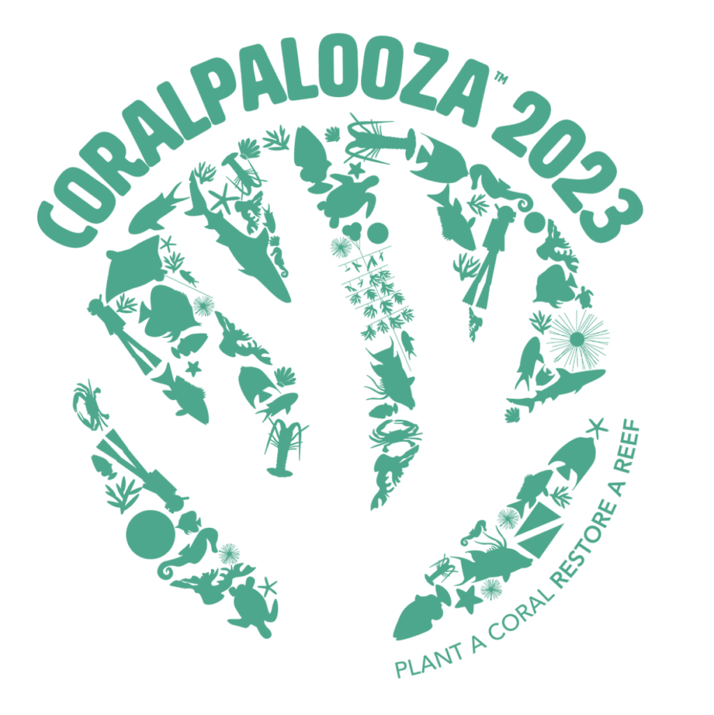 A stylized Coralpalooza 2023 logo made from silhouettes of ocean animals, corals, and marine elements, with the phrase “Plant a Coral Restore a Reef” curved along the bottom right.
