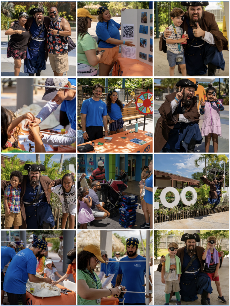 A collage of event photos from Zoo Miami showing a costumed pirate interacting with children and families, Coral Restoration Foundation staff running educational activity tables, kids participating in hands-on coral restoration demos, visitors spinning a prize wheel, and guests enjoying the outdoor event. The images capture a lively, playful community outreach day centered on ocean education and family fun.