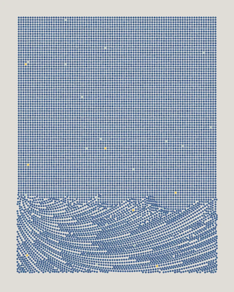 Artwork by Indigo Dandelion Lee Mané featuring small squares of blue and white in a grid for 3/4th of the page white the square make up a wave at the bottom