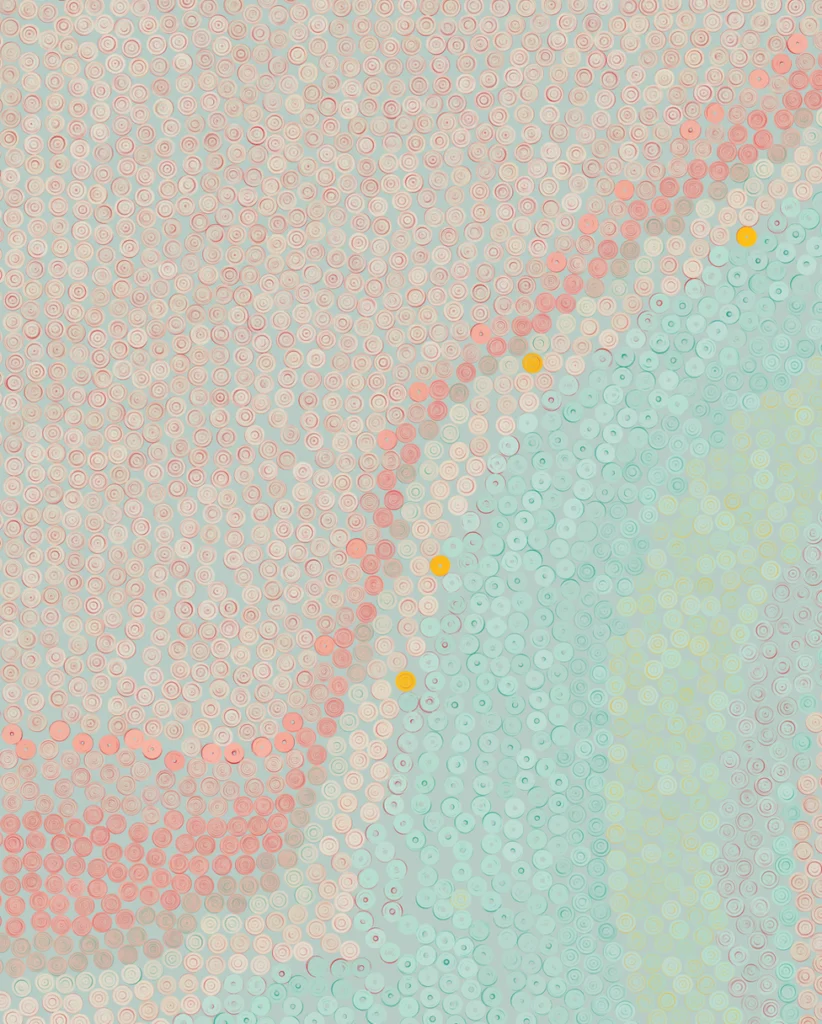 Artwork by Indigo Dandelion Lee Mané featuring small squares of pastel colors resembling a costal line with peach colors on one side and teals and sand colors on the other