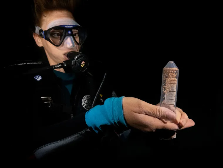 Diver holding test tube under water as part of CRF's Science and Technology Program