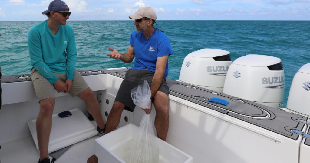 Two team members from SeaWorld and Coral Restoration Foundation™ discuss coral larvae release plans while sitting on a boat in open water. One holds a bag filled with larvae in a white container, preparing for outplanting.