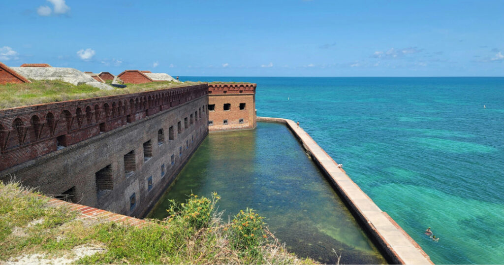 Aerial view of Fort Jefferson surrounded by turquoise waters in Dry Tortugas National Park.