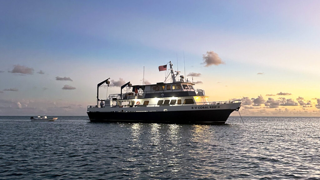 The research vessel R/V Coral Reef II anchored at sunset during the expedition in the Dry Tortugas.