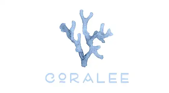 Watercolor logo for Coralee Swim featuring a light blue coral branch illustration